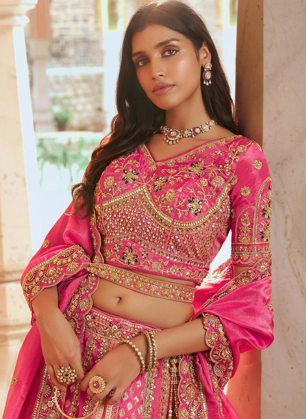 Rani Pink Banarasi Silk Designer Lehenga with beautiful Swarovski and zari work for wedding & festive wear | BharatPlaza