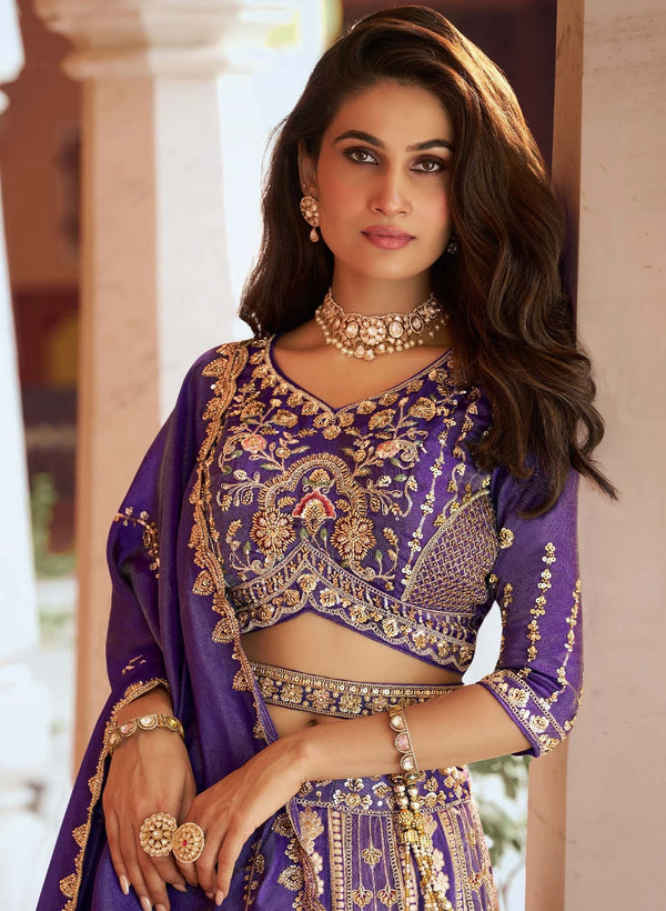 Royal Purple Banarasi Silk Designer Lehenga featuring heavy intricate blouse work for wedding & festive wear | BharatPlaza
