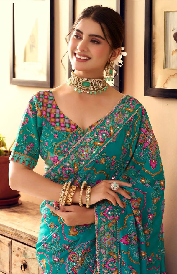 Emerald Green Floral Sequin Premium HO Designer Saree featuring gorgeous festive appeal for wedding wear | BharatPlaza