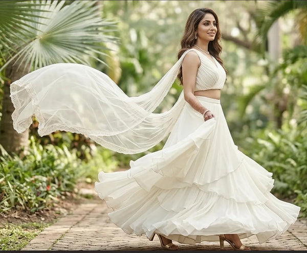 Off White Georgette Flared Lehenga Set – Bridesmaid Party Wear