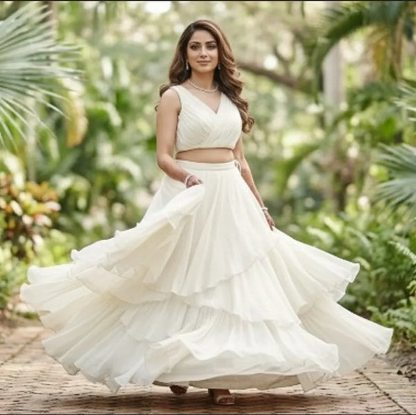 Off White Georgette Flared Lehenga Set – Bridesmaid Party Wear
