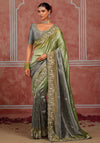 Green Grey Pure Ziraf Silk Designer Saree showcasing stunning shaded tones and borders for festive wear | BharatPlaza