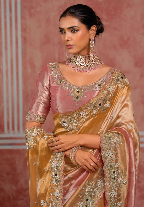 Golden Pink Pure Ziraf Silk Saree highlighting heavy moti and stone work for wedding & festive wear | BharatPlaza