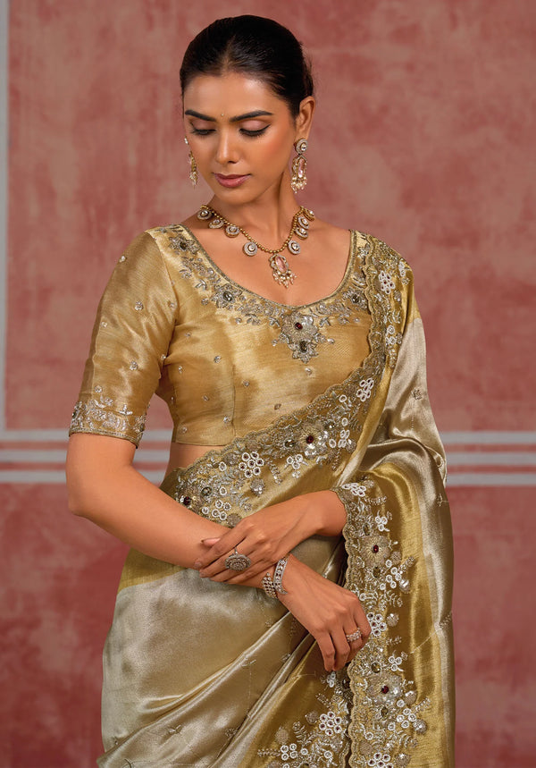Silver Gold Pure Ziraf Silk Designer Saree highlighting luxurious shaded tones for wedding & festive wear | BharatPlaza