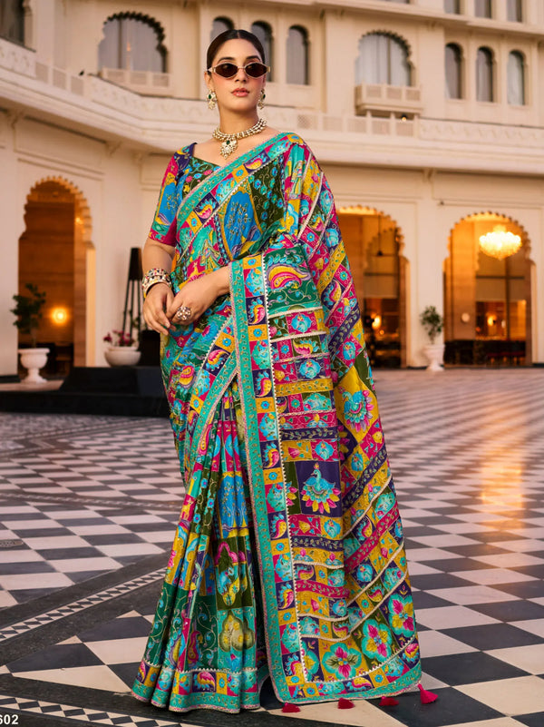 Multicolor Premium HO Designer Saree featuring vibrant traditional patterns for wedding & festive wear | BharatPlaza