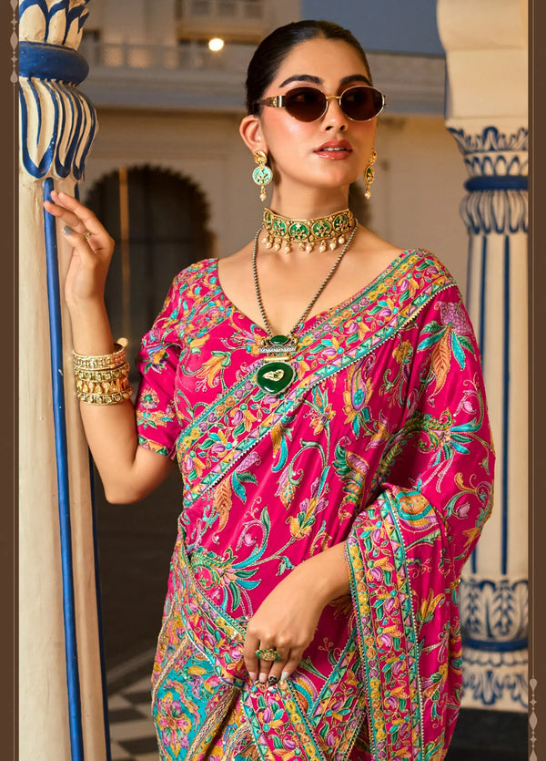 Pink Multicolor Premium HO Designer Saree with vibrant floral motifs for wedding & festive wear | BharatPlaza