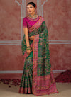 Emerald Green Shana Silk Designer Saree featuring pure Kutchi mirror work for weddings & festive wear | BharatPlaza