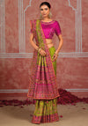 Parrot Pink Pure Shana Silk Designer Saree featuring intricate resham border work for wedding & festive wear | BharatPlaza
