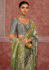 Green Grey Pure Ziraf Silk Designer Saree highlighting luxurious heavy blouse work for wedding & festive wear | BharatPlaza