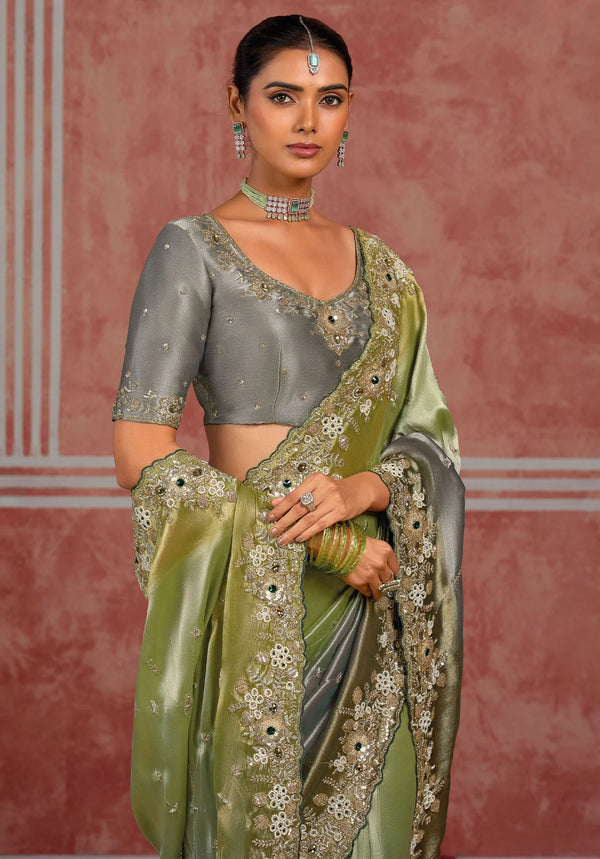 Green Grey Pure Ziraf Silk Designer Saree highlighting luxurious heavy blouse work for wedding & festive wear | BharatPlaza
