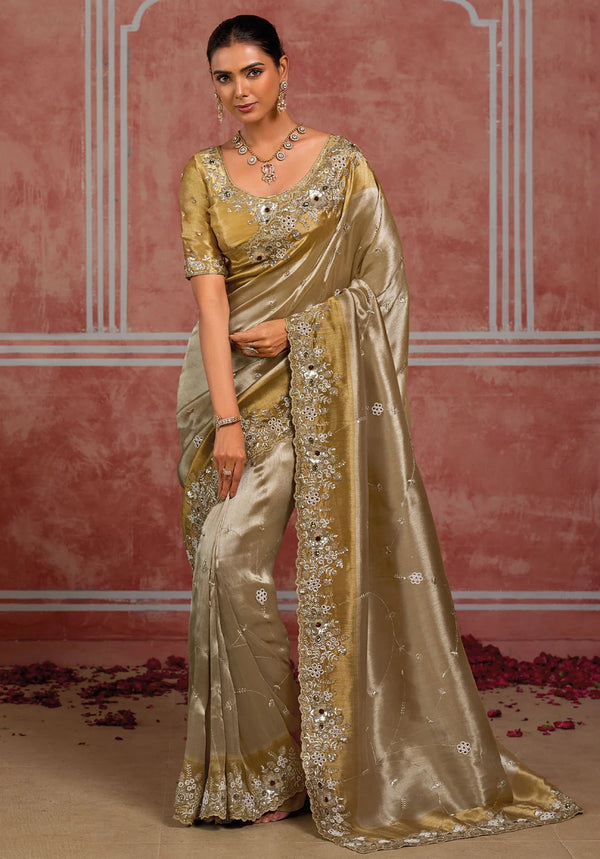 Silver Gold Pure Ziraf Silk Designer Saree showcasing heavy moti and stone work for wedding & festive wear | BharatPlaza