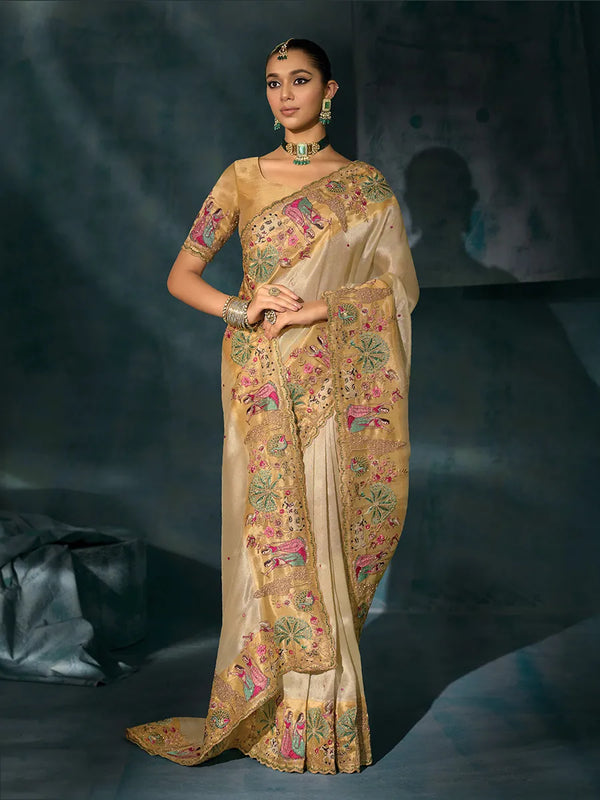 Designer Cream Saree with Mirror Cutdana Work Reception Wear Amsterdam