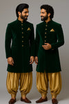 Emerald Green Velvet Indo-Western Sherwani – Wedding Wear - Bharat Plaza