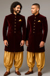 Friends Theme Based Maroon Velvet IndoWestern with Gold Patiala - Bharat Plaza