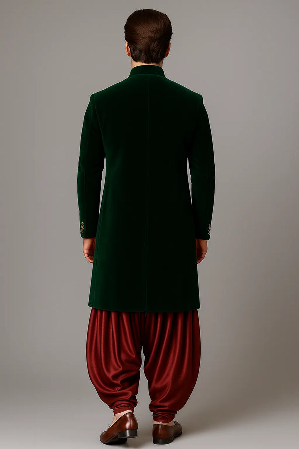Elegant the Emerald Green Velvet Indowestern - Designer Mens Wear - Bharat Plaza