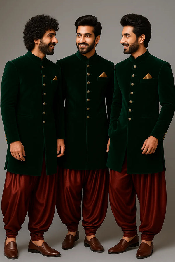 Elegant the Emerald Green Velvet Indowestern - Designer Mens Wear - Bharat Plaza