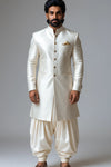 Wedding Groomswear - Ivory Velvet Indo-Western Sherwani - Bharat Plaza