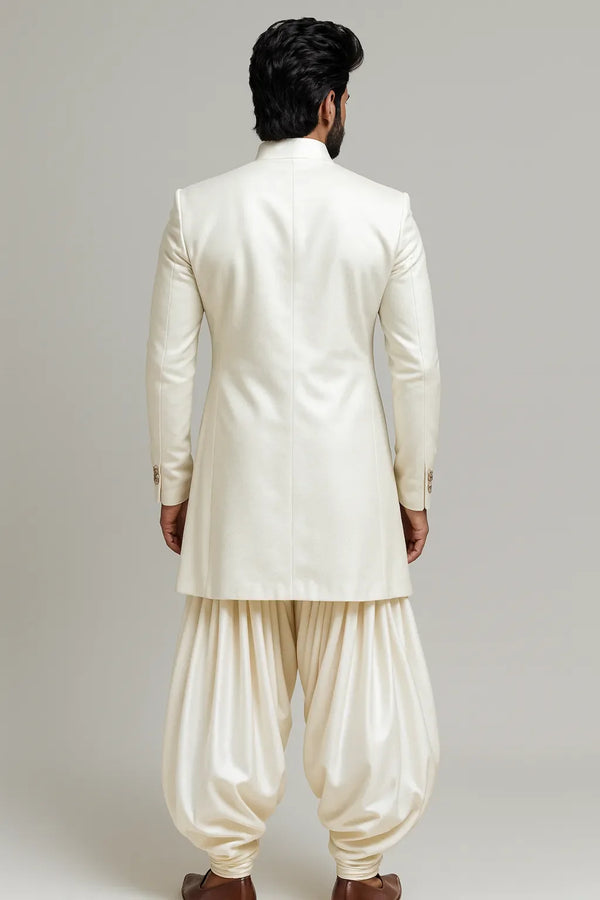 Wedding Groomswear - Ivory Velvet Indo-Western Sherwani - Bharat Plaza