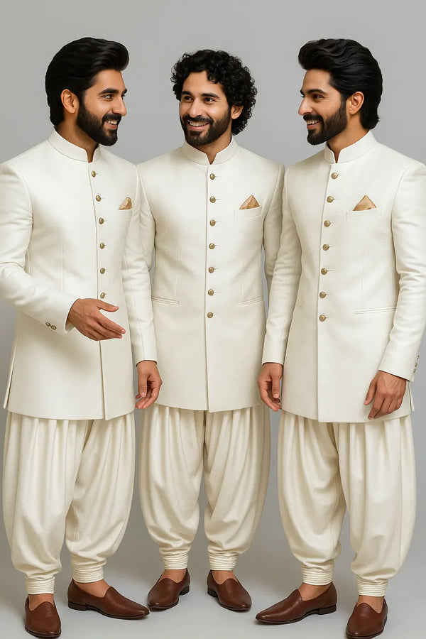 Wedding Groomswear - Ivory Velvet Indo-Western Sherwani - Bharat Plaza