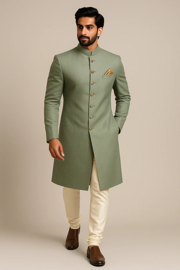 Royal Sage Green Sherwani 3-Piece Set with Cotton Kurta & Churidar - Bharat Plaza