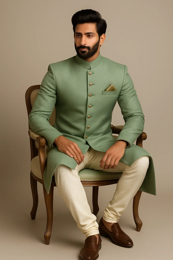 Royal Sage Green Sherwani 3-Piece Set with Cotton Kurta & Churidar - Bharat Plaza