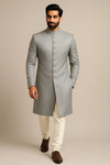 Royal Silver Grey Sherwani 3-Piece Set with Cotton Kurta & Churidar - Bharat Plaza