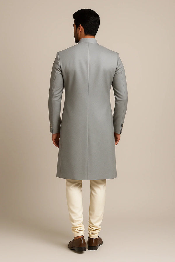 Royal Silver Grey Sherwani 3-Piece Set with Cotton Kurta & Churidar - Bharat Plaza