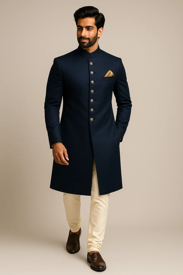 Royal Nawabi Navy Blue Sherwani Set with Cotton Kurta & Churidar - Bharat Plaza