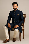 Royal Nawabi Navy Blue Sherwani Set with Cotton Kurta & Churidar - Bharat Plaza