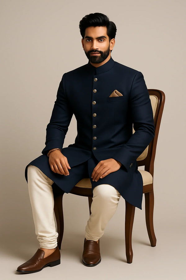 Royal Nawabi Navy Blue Sherwani Set with Cotton Kurta & Churidar - Bharat Plaza