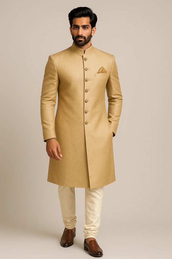 Royal Beige Terry Rayon Sherwani – Regal Wedding Wear - Bharat Plaza