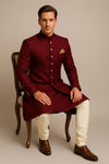 Deep Maroon Terry Rayon Sherwani – Regal Wedding Wear - Bharat Plaza