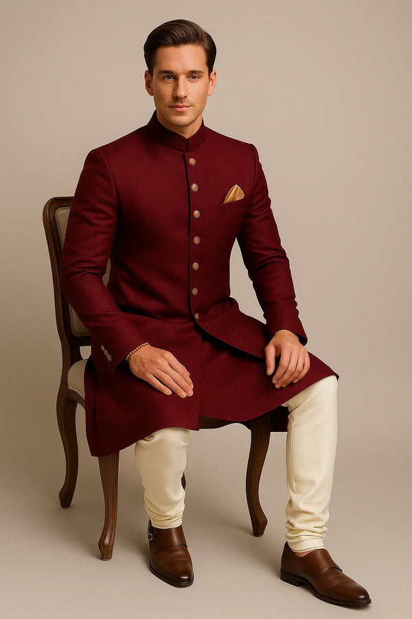 Deep Maroon Terry Rayon Sherwani – Regal Wedding Wear - Bharat Plaza