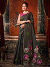 Dark Grey Khadi Cotton Saree featuring natural texture and elegant jhallar border for daytime celebrations | BharatPlaza