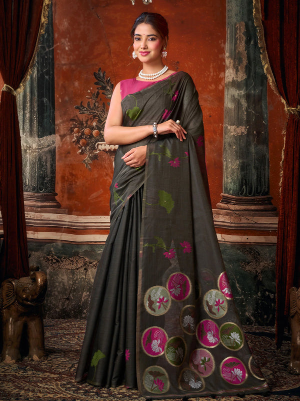 Dark Grey Khadi Cotton Saree featuring natural texture and elegant jhallar border for daytime celebrations | BharatPlaza