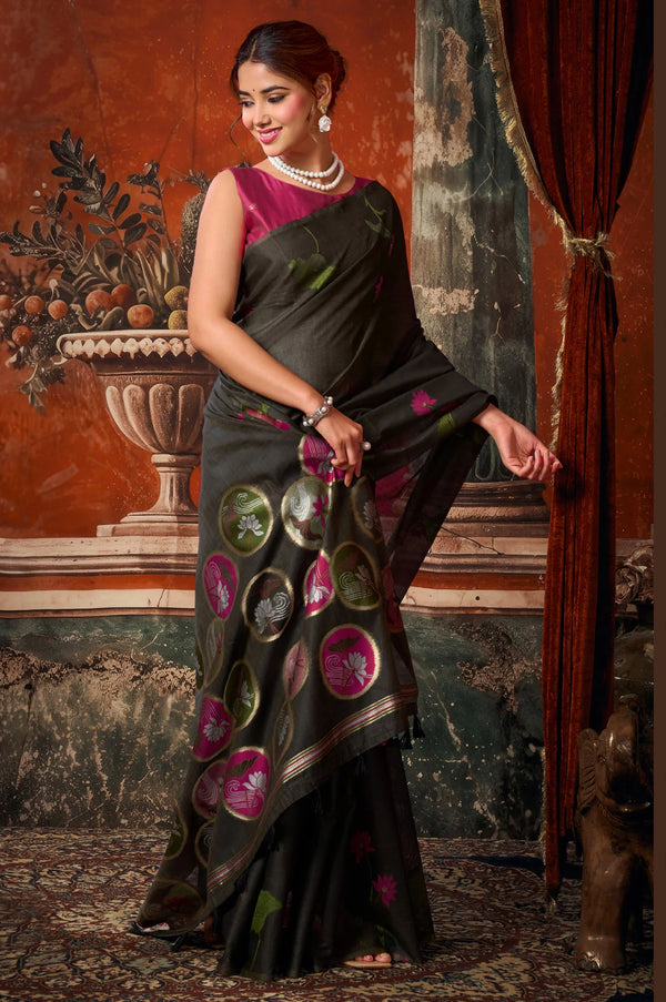 Dark Grey Khadi Cotton Designer Saree highlighting beautiful multi-colour extract design on the pallu | BharatPlaza
