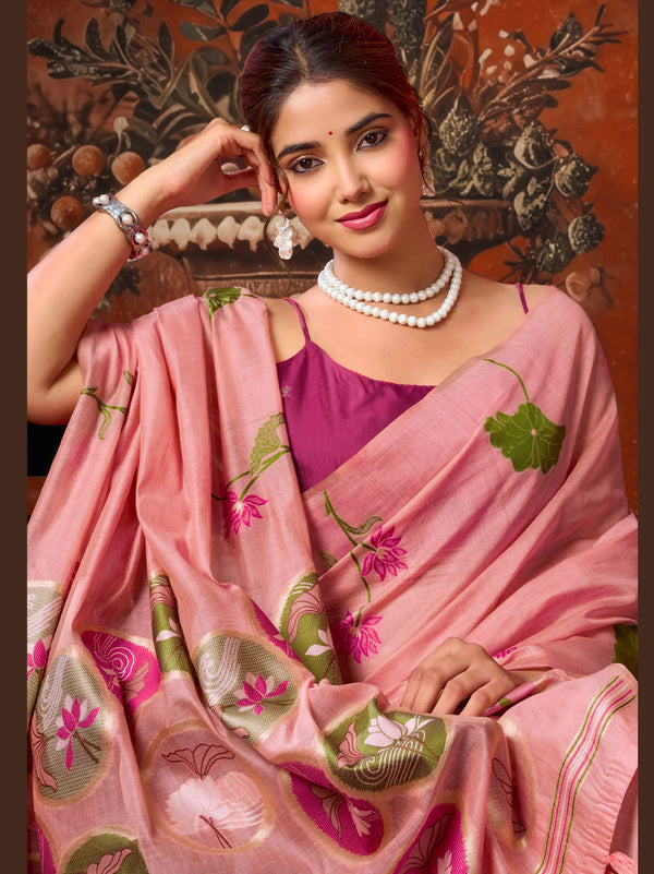 Pink Khadi Cotton Saree showcasing a striking contrast blouse perfect for luxury festive events | BharatPlaza