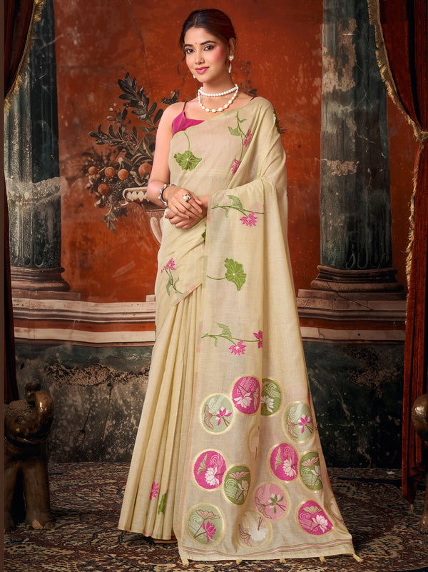 Cream Khadi Cotton Saree showcasing a striking contrast pink blouse perfect for luxury festive events | BharatPlaza