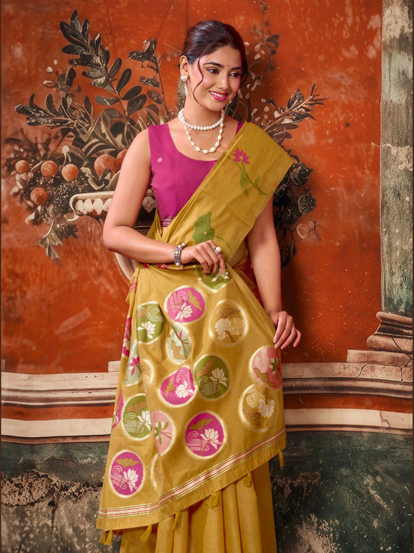 Mustard Khadi Cotton Saree highlighting natural texture and beautiful contrast blouse for party wear | BharatPlaza