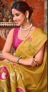 Mustard Khadi Cotton Designer Saree featuring elegant multi colour botanical motifs for festive events | BharatPlaza