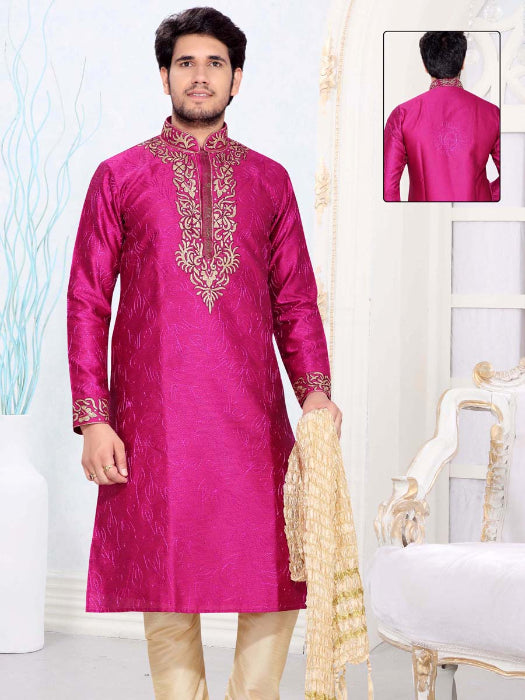Bright Pink Cotsilk Partywear Kurta with Contrast Resham Neckline
