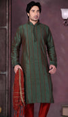 Green Maroon Dupion Silk Kurta Set with Thread Lining Work