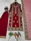Maroon embroidered traditional outfit with matching top, dupatta for party and sangeet ocassion
