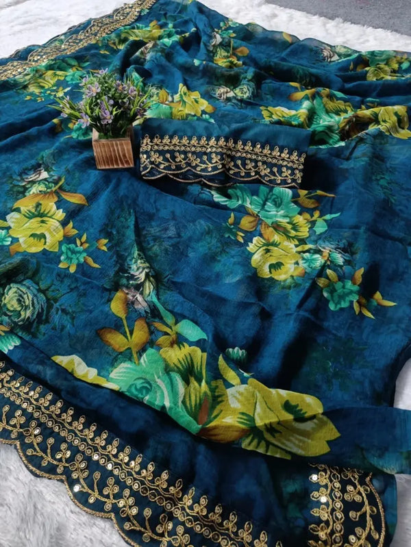 Georgette Floral Saree with Foil Work & Bengalori Silk Blouse