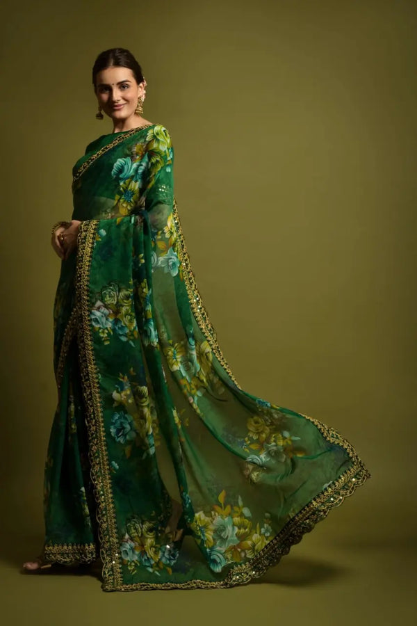 Georgette Floral Saree with Foil Work & Bengalori Silk Blouse