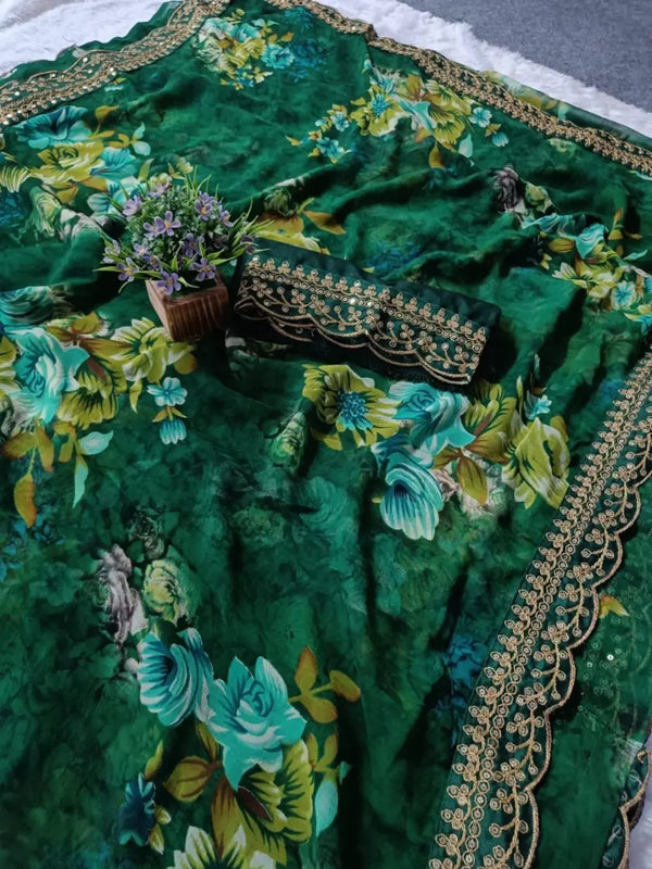 Georgette Floral Saree with Foil Work & Bengalori Silk Blouse