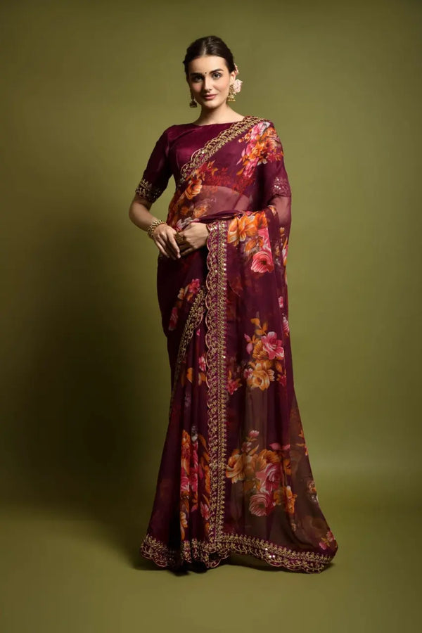 Georgette Floral Saree with Foil Work & Bengalori Silk Blouse