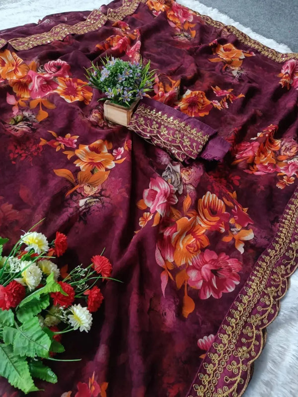 Georgette Floral Saree with Foil Work & Bengalori Silk Blouse
