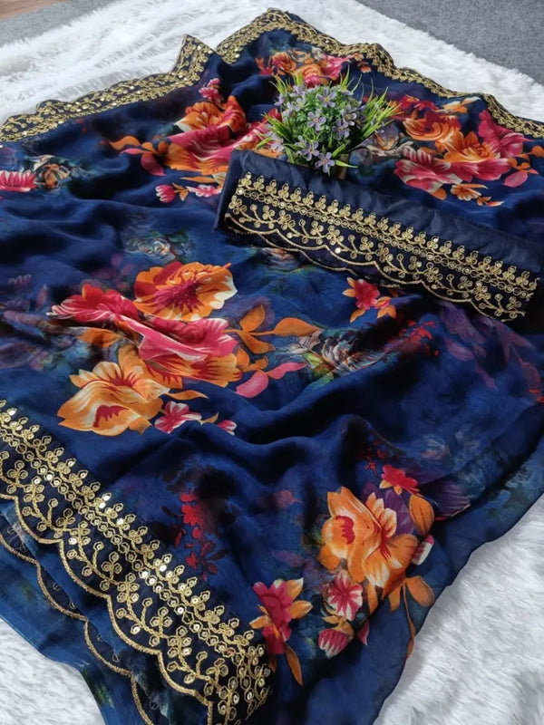 Georgette Floral Saree with Foil Work & Bengalori Silk Blouse