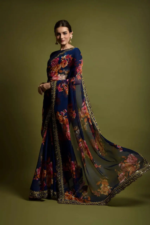 Georgette Floral Saree with Foil Work & Bengalori Silk Blouse